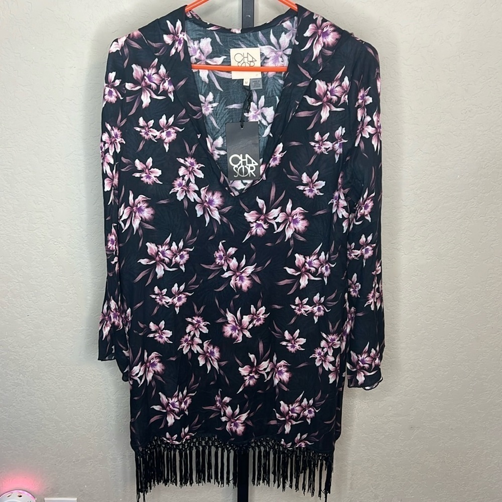 353 - Chaser NWT Black, Pink Floral Hooded Coverup Tunic, Size Medium
